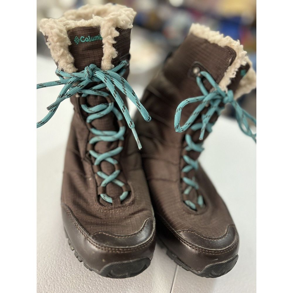 Columbia BL3704-219 OmniHeat Brown Teal Snow Boots Laced‎ Up Size 7 Women's
